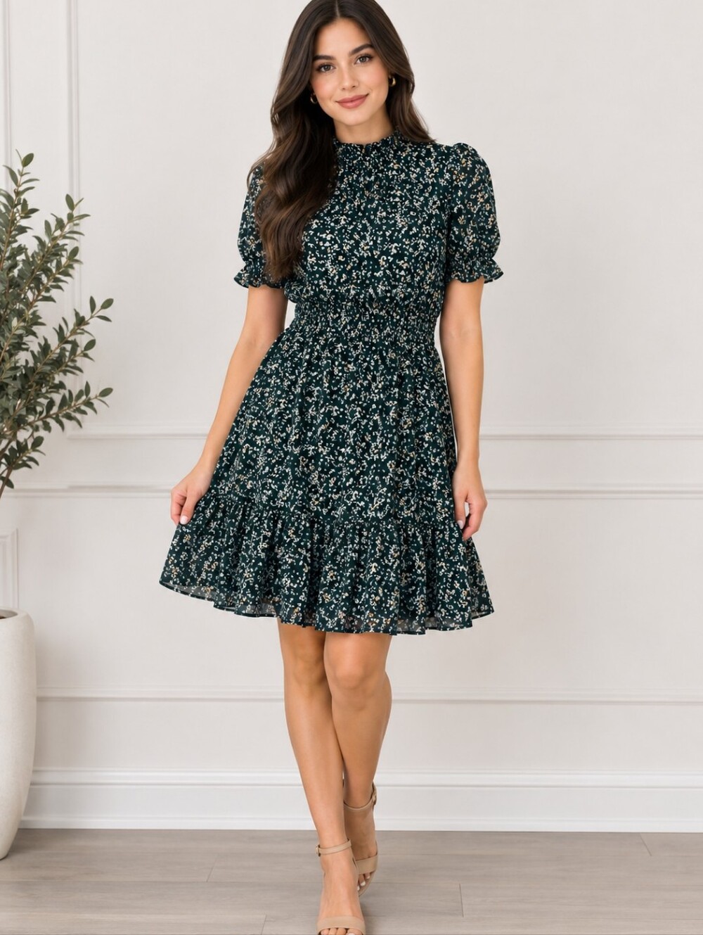 Emerald Green Floral Smocked High Neck Mini Dress Gold Lurex Detailing Size M